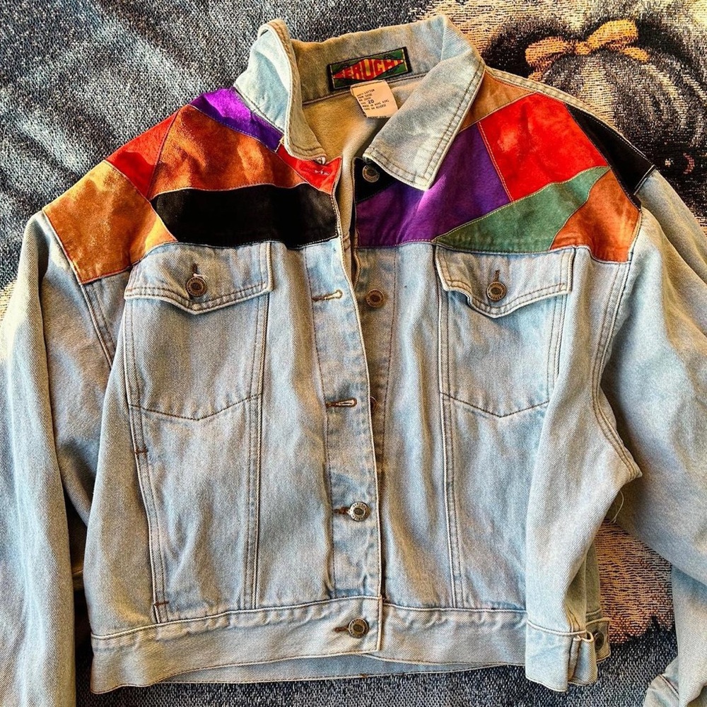 Vintage Light Blue Denim Jacket with Multicolor Suede